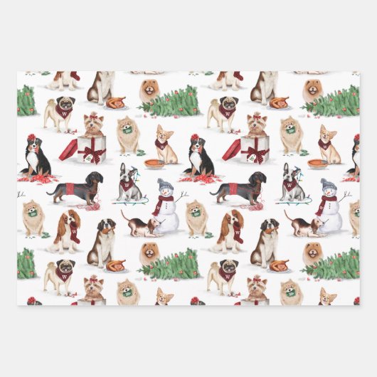 木々のクリスマスかわいい水いけな色の犬 ラッピングペーパーシート (正面)