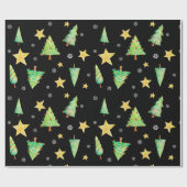 木々の星と雪が黒いプレゼント ラッピングペーパー (フラット)