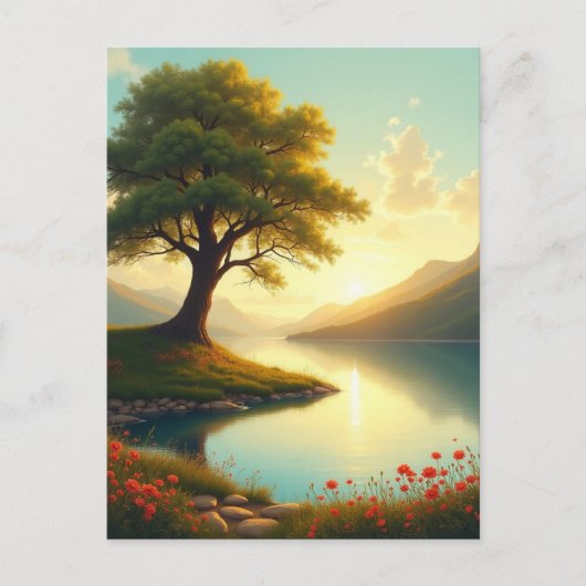 木々の湖の風景絵を描芸術 ポストカード (正面)