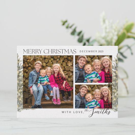木々メリークリスマス3枚のフォトカード 招待状 (スタンド正面)
