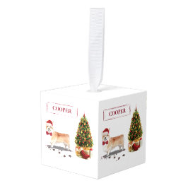 木おもしろい付きコルギクリスマス犬 キューブオーナメント