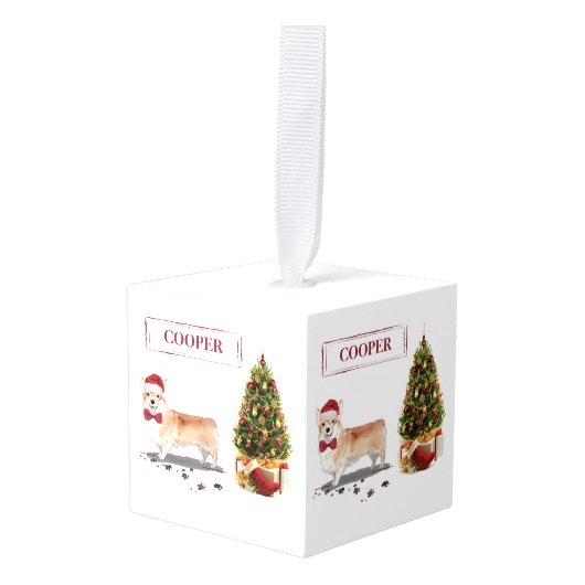 木おもしろい付きコルギクリスマス犬 キューブオーナメント (正面アングル)