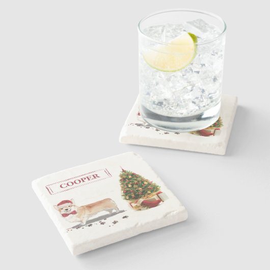 木おもしろい付きコルギクリスマス犬 ストーンコースター (横)