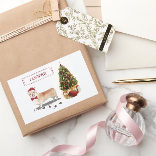 木おもしろい付きコルギクリスマス犬 長方形シール (ギフト)