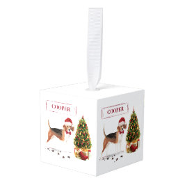 木おもしろい付きビーグルのクリスマス犬 キューブオーナメント