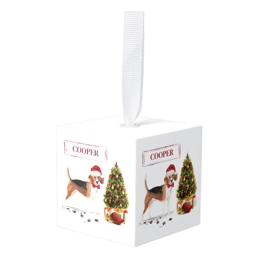 木おもしろい付きビーグルのクリスマス犬 キューブオーナメント (正面アングル)