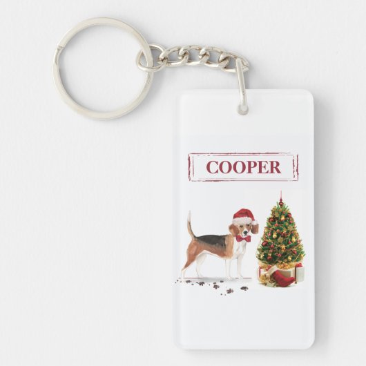 木おもしろい付きビーグルのクリスマス犬 キーホルダー (正面)