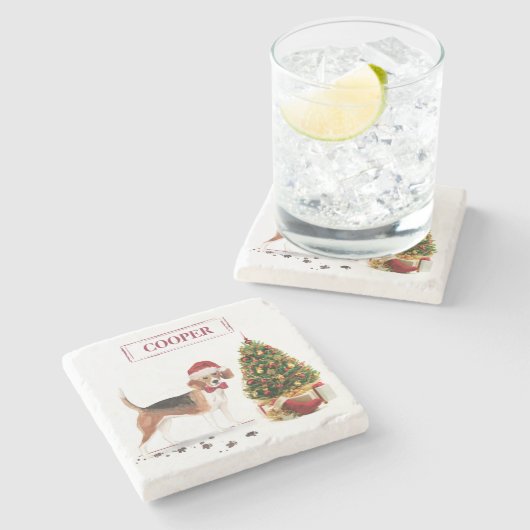 木おもしろい付きビーグルのクリスマス犬 ストーンコースター (横)