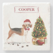 木おもしろい付きビーグルのクリスマス犬 ストーンコースター (正面)