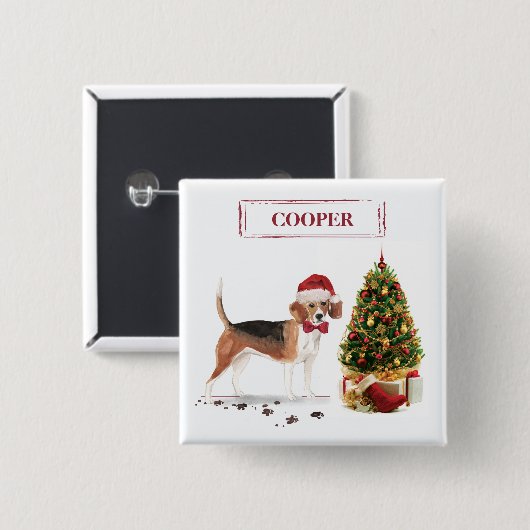 木おもしろい付きビーグルのクリスマス犬 缶バッジ (正面&裏面)