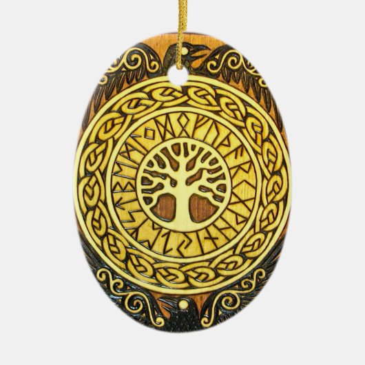 木およびイーグルスのオーナメントが付いているバイキングのRunes セラミックオーナメント (正面)