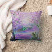 木およびコテージとのピンクの抽象的な景色 クッション (ブランケット)