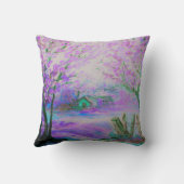 木およびコテージとのピンクの抽象的な景色 クッション (裏面)