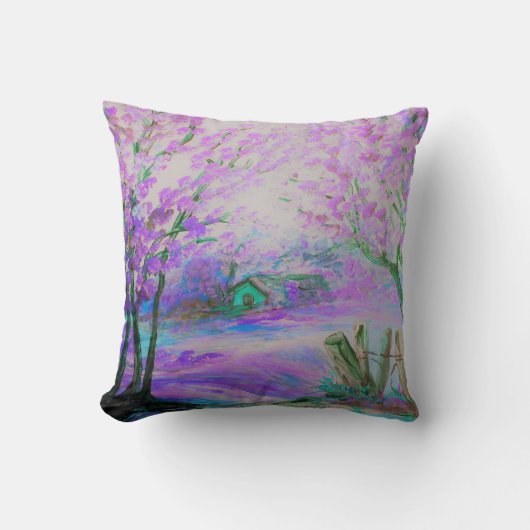 木およびコテージとのピンクの抽象的な景色 クッション (正面)