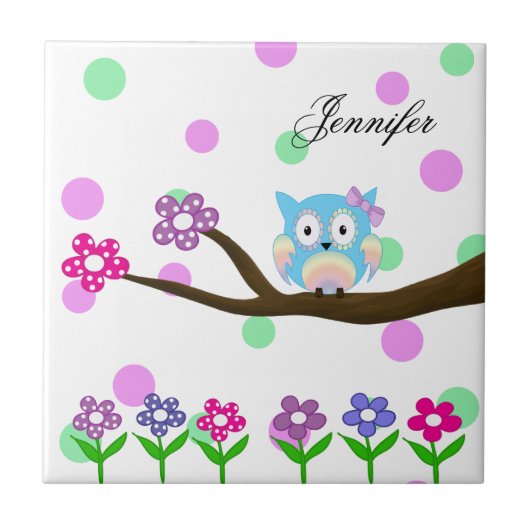 木および花のヒッピーの多彩のフクロウ タイル (正面)