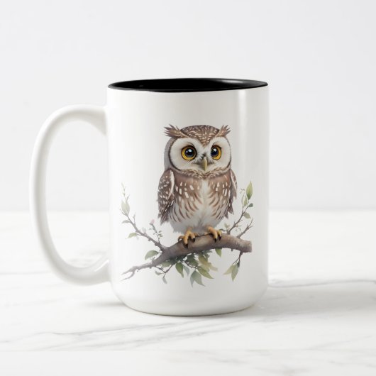 木お洒落に浮かぶフクロウ ツートーンマグカップ (左)