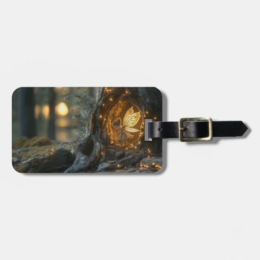 木お洒落の空洞に浮かぶ妖精の像 ラゲッジタグ (正面横)