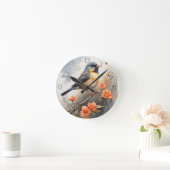 木かわいらしの枝に鳥オレンジ色の花 ラウンド壁時計 (ホーム)