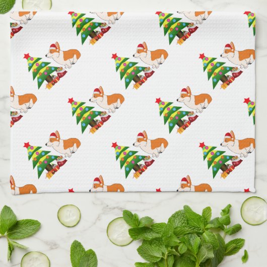 木が付いている休日のウェルシュコーギーの漫画 キッチンタオル (折り畳み)