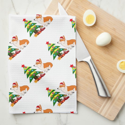 木が付いている休日のウェルシュコーギーの漫画 キッチンタオル (四つ折り)