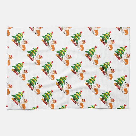 木が付いている休日のウェルシュコーギーの漫画 キッチンタオル (横)