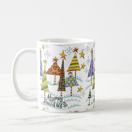 木が付いている幸せな休日のクリスマスのマグ コーヒーマグカップ (左)