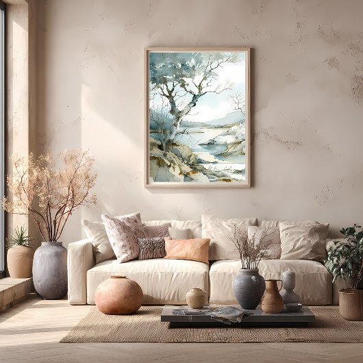 木が生い茂った冬の崖の道 ポスター