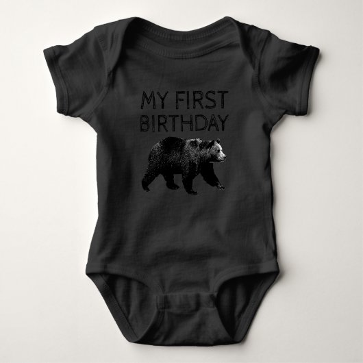 木こりの森のクマの1歳の誕生日のTシャツ ベビーボディスーツ (正面)