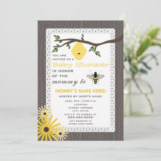 木こり刺激を受けたの蜂をテーマにしたベビーシャワー 招待状 (スタンド正面)