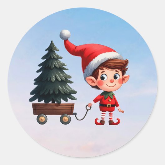 木でワゴンを引っ張る可愛いクリスマス小妖精や小人 ラウンドシール (正面)