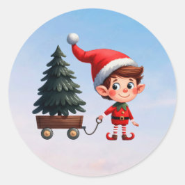 木でワゴンを引っ張る可愛いクリスマス小妖精や小人 ラウンドシール