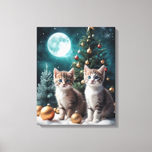 木で子猫とクリスマスイブ キャンバスプリント (正面)