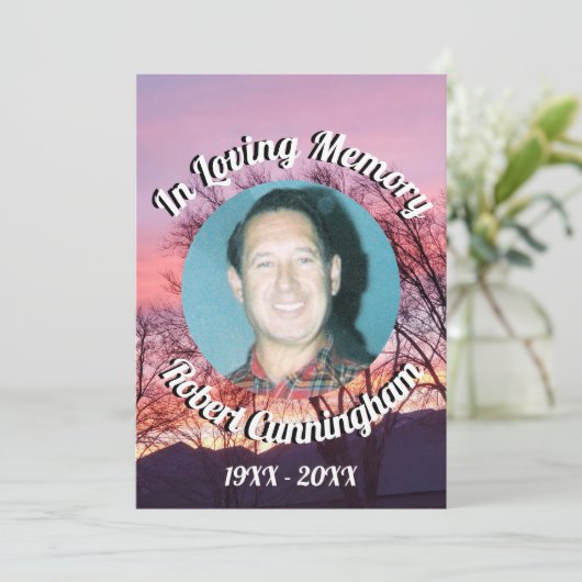 木とピンク紫の夕日の写真を愛するメモリ 招待状 (スタンド正面)