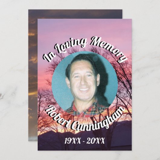 木とピンク紫の夕日の写真を愛するメモリ 招待状 (正面/裏面)