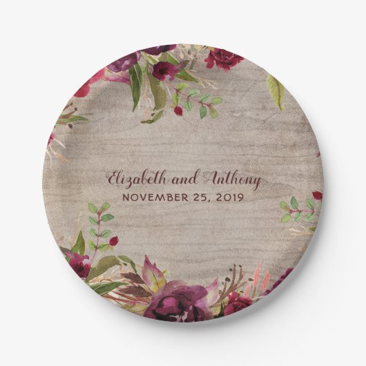 木とブルゴーニュの素朴花結婚の ペーパープレート (正面)