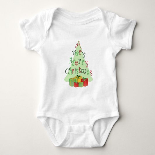 木とプレゼントが咲き乱れる聖降誕祭の文字 ベビーボディスーツ (正面)