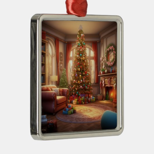 木とプレゼントのある穏やかなクリスマスの朝 メタルオーナメント (右)