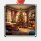 木とプレゼントのある穏やかなクリスマスの朝 メタルオーナメント (正面)