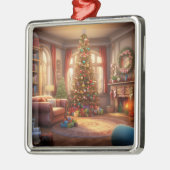 木とプレゼントのある穏やかなクリスマスの朝 メタルオーナメント (左)