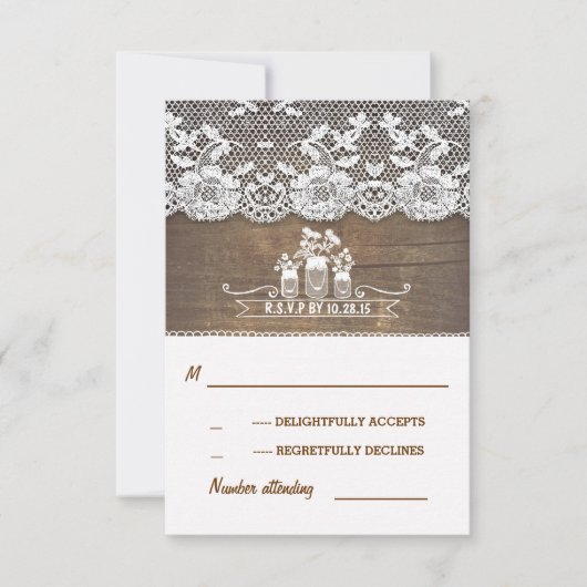 木とレースのメイソンジャース素朴な結婚式RSVPカード 出欠カード (正面)