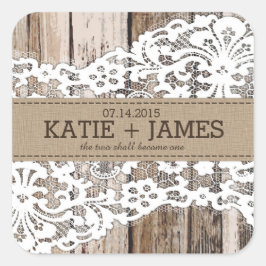 木とレースの国素朴の結婚式のラベル スクエアシール