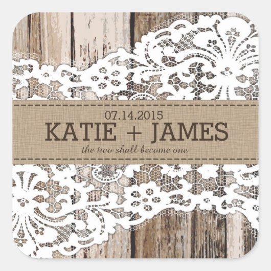 木とレースの国素朴の結婚式のラベル スクエアシール (正面)