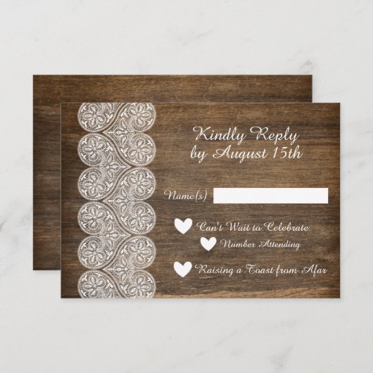 木とレースの農村風の結婚式の返信カード 招待状 (正面/裏面)