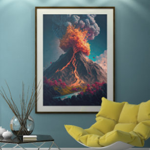 木と噴火する火山イラストレーション ポスター
