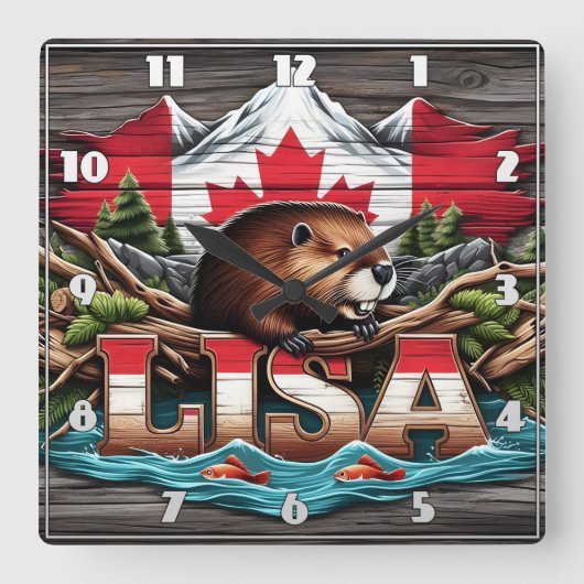 木と山の中のカナディアン・ビーバー スクエア壁時計 (正面)