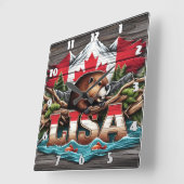 木と山の中のカナディアン・ビーバー スクエア壁時計 (傾斜)