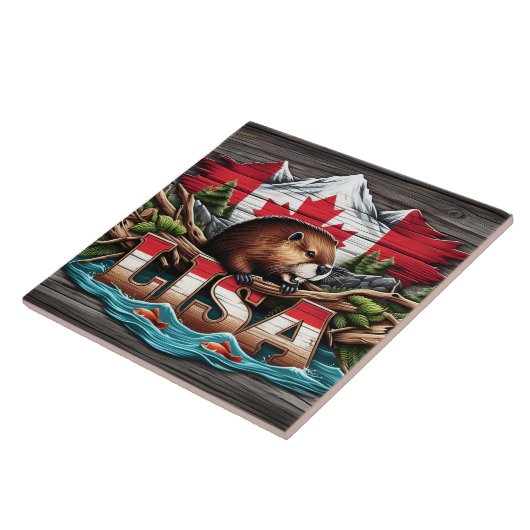 木と山の中のカナディアン・ビーバー タイル (側面)