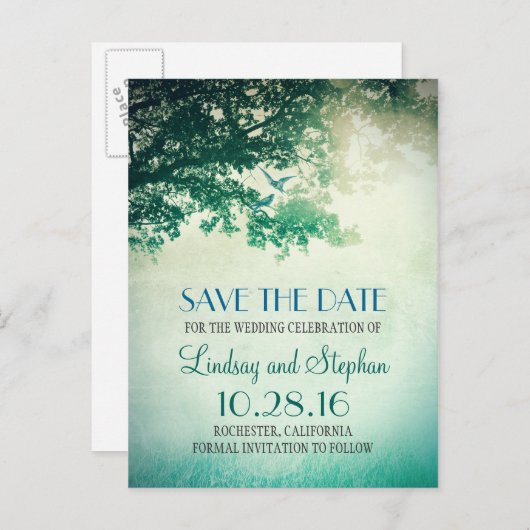 木と愛の鳥の素朴なヴィンテージは日付を保存 案内ポストカード (正面/裏面)