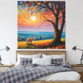 木と日の入った野原のウサギ キャンバスプリント (インサイチュ (寝室))