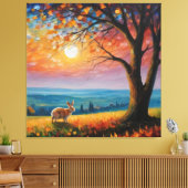 木と日の入った野原のウサギ キャンバスプリント (インサイチュ (リビング))